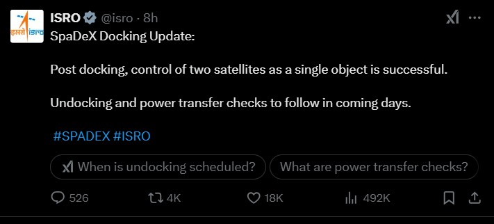 ISRO SpaDeX Space Docking Mission success announcement